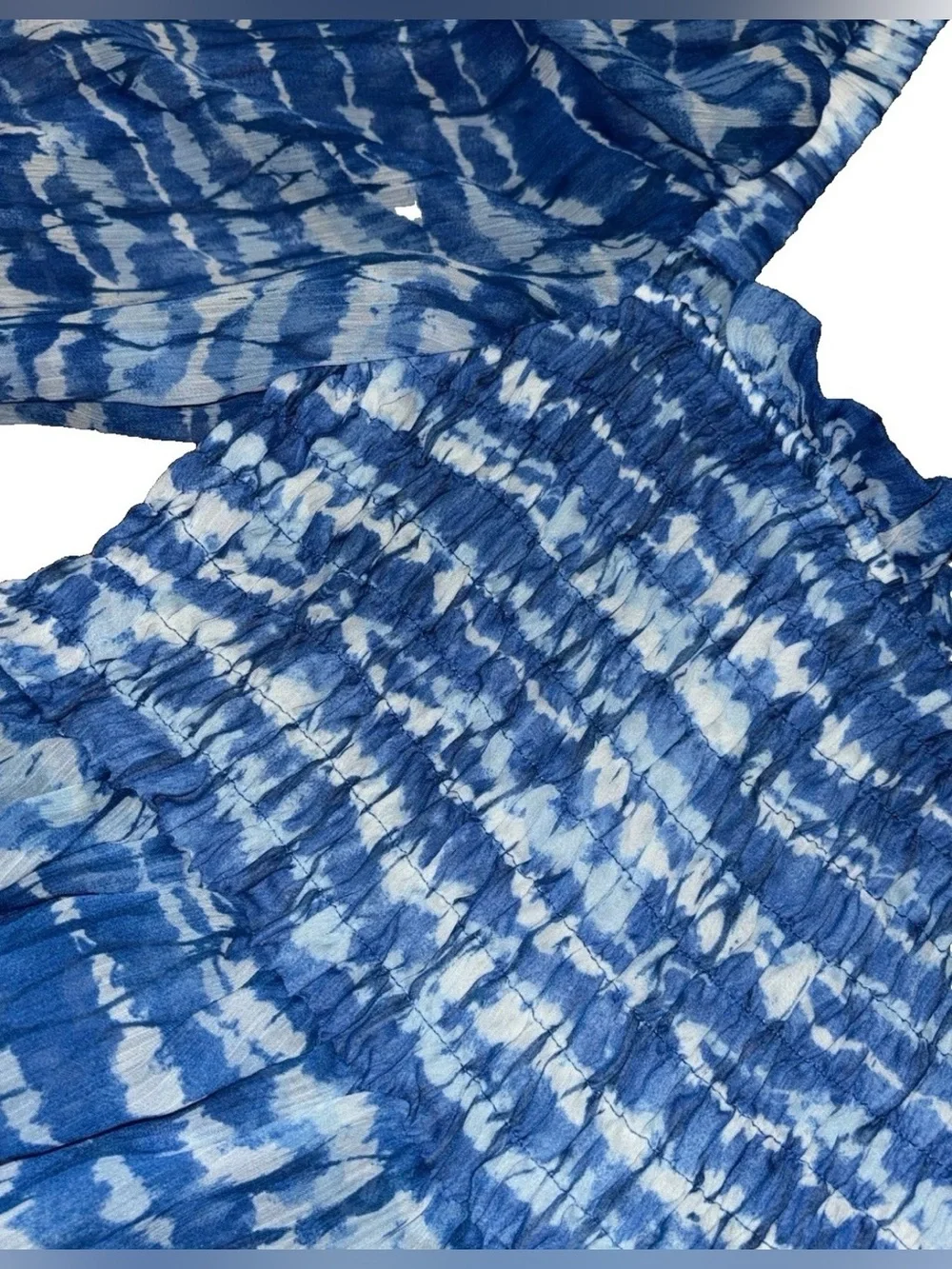 Zara Blue Tie-Dye Cropped Off The Shoulder Shirred Peplum Top w Puff Sleeves-Sm